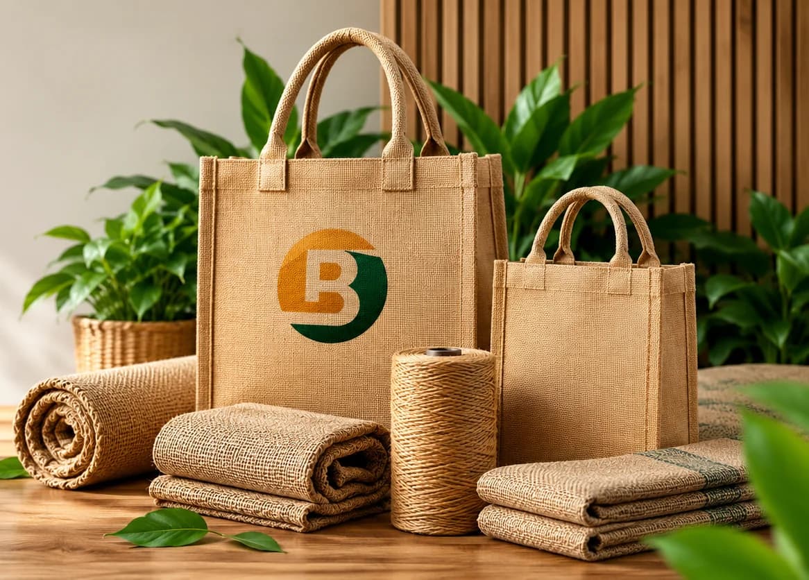 Bharat Natural Jute bags, rugs and twine on a wooden table